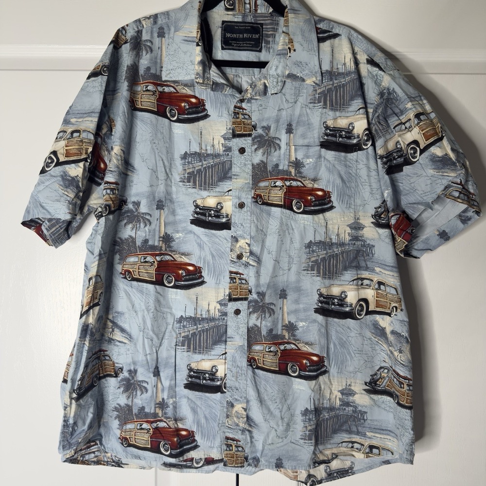 North River Shirt Mens 2XL Blue Woody Car Hawaiian Short Sleeve Button Up Casual